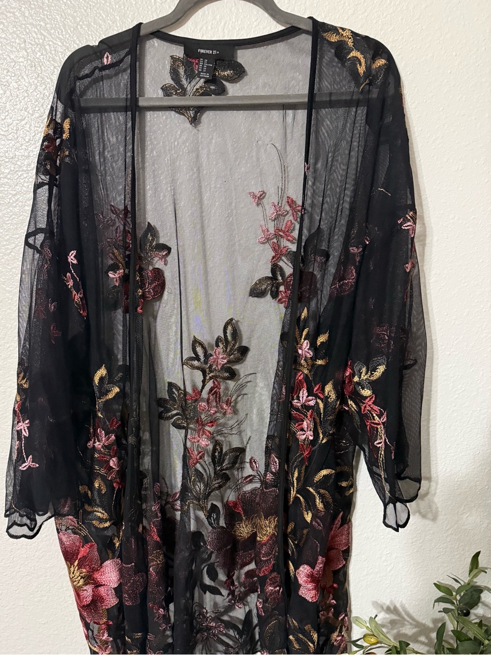 Forever 21+ Sheer Floral Embroidered Kimono Duster 2X